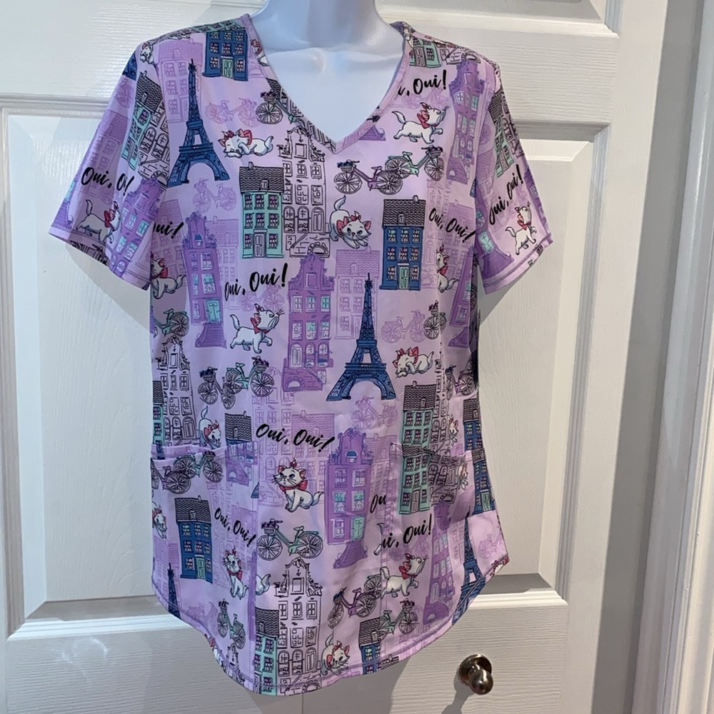 Disney The Aristocats Ladies V Neck Print Short Sleeve Scrub Top Size Small